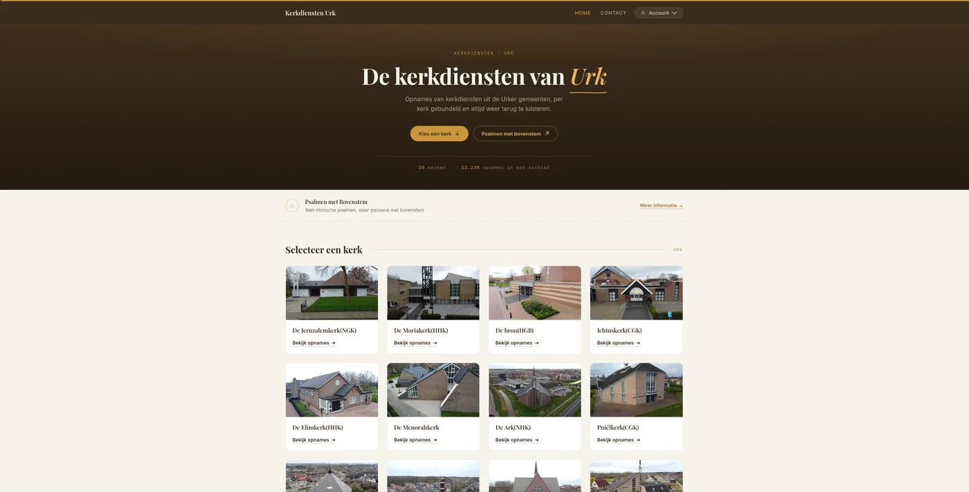 De homepage van kerkdiensten-urk.nl met de kerkdiensten van Urk per gemeente