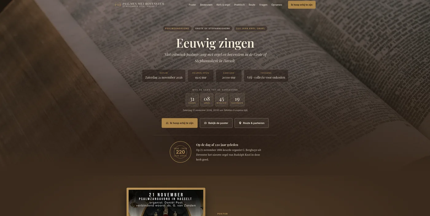 De homepage van psalmenmetbovenstem.nl met de aankondiging van de psalmzangavond